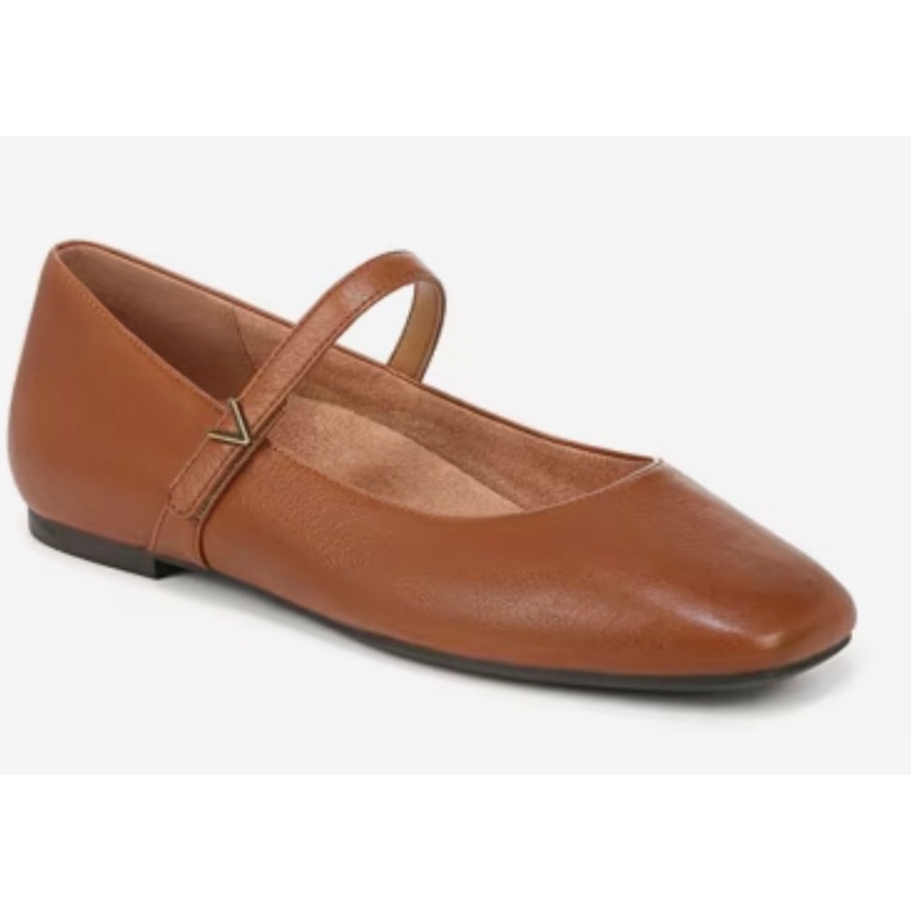 Vionic Almeda Tan Leather Mary Jane Flats Square Toe Orthotic Shoes Womens sz 9